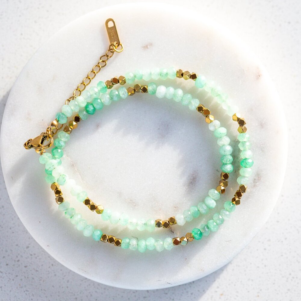 Green Gemstone Beaded Necklace Gold Layering Necklace WATERPROOF Jewelry